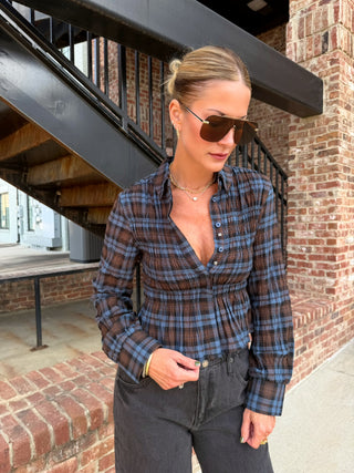 Nila Smocked Plaid Peplum Blouse Blue Plaid