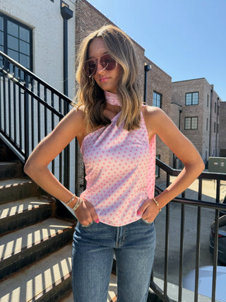 Desiree One Shoulder Polka Dot Top with Scarf Pink