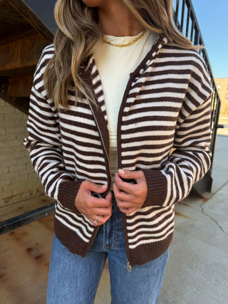 Sarah Striped Zip Up Hoodie Brown Combo