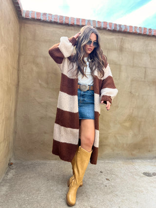 Sage The Label | Suki Stripe Duster Cardigan Brown Camel