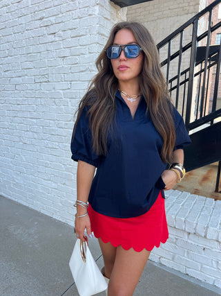 Adrienne | Stand Collar Drop Shoulder Top Navy