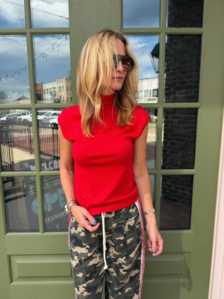 Jocelyn Mock Neck Cap Sleeve Knit Top Cherry Red