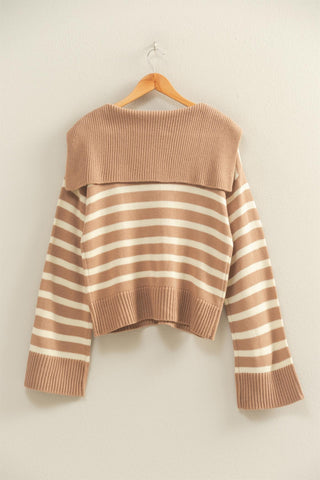 Striped Sailor Collar Sweater Dark Taupe/Cream [Door Buster]