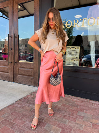 Greer Silky Midi Skirt Coral