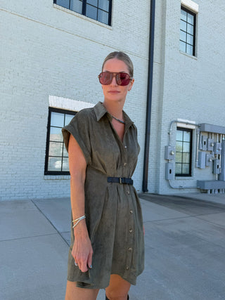 Kendall Belted Suede Button Down Dress Olive