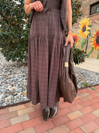 Rebecca Checkered Tiered Skirt Brown