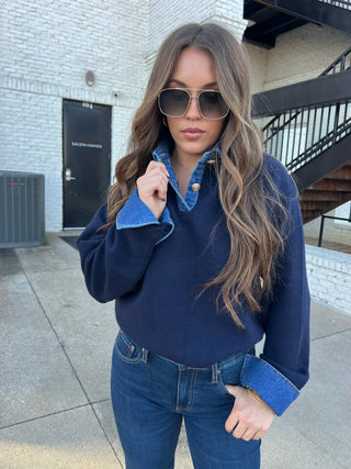 OLIVACEOUS| The Yoakam Contrast Sweater Navy