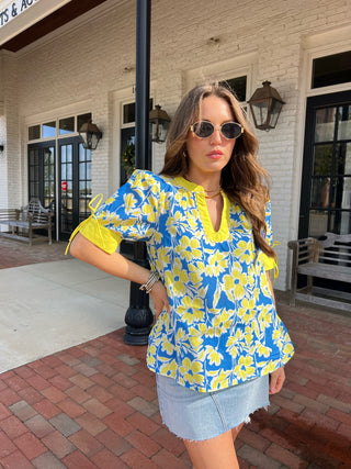 Entro | Thalina Floral Print V-Neck Top Blue