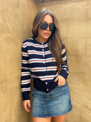 Dress Forum | Elvira Skyline Striped Button Cardigan Navy/Red Combo