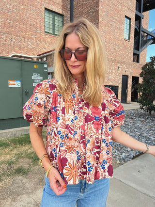 Olivaceous | Bria Floral Balloon Shirt Cream Rust