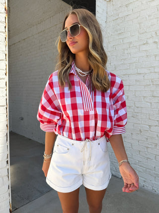 Entro | Gingham Popover Tunic in Red and White