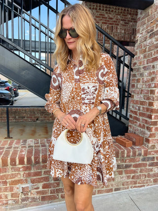 Entro | Gia Long Sleeve Botanical Mini Dress Camel