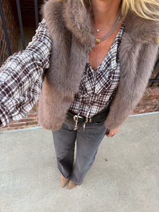 Olivaceous Maya Faux Fur Zip Up Vest Brown