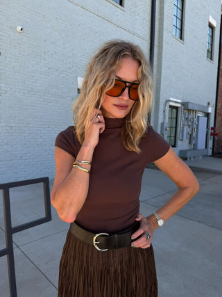 Olivaceous Anora Mock Neck Top Brown