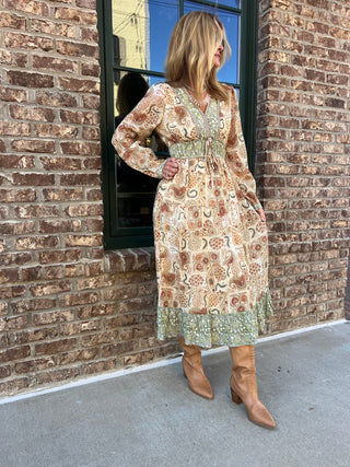 &Merci | Juliette Mixed Paisley Midi Dress Olive Brick Multi