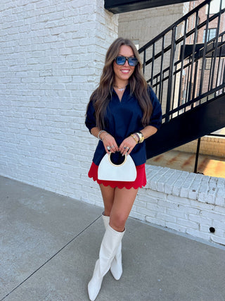 Adrienne | Stand Collar Drop Shoulder Top Navy