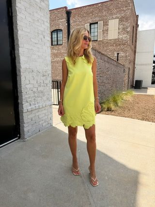 3D Floral Appliqué Shift Mini Dress - Chartreuse