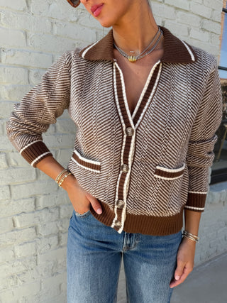 Reina Herringbone Cardigan Brown