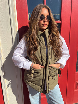 Dreya Ribbon Tie Puffer Vest Sand Olive [Door Buster]