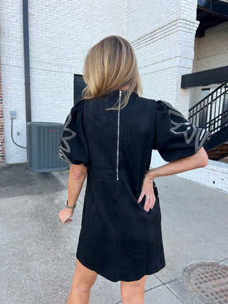 THML | Haisley Embroidered Suede Dress Black