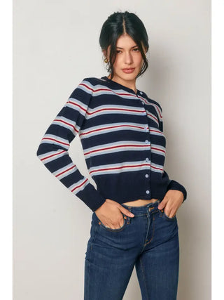Dress Forum | Elvira Skyline Striped Button Cardigan Navy/Red Combo