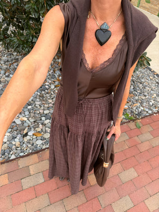 Rebecca Checkered Tiered Skirt Brown