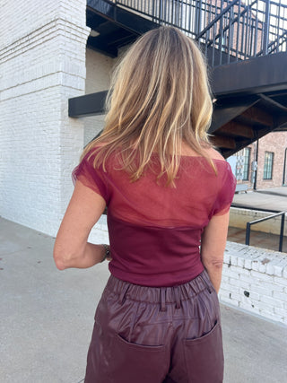 Le Lis | Mesh & Ponti Mix Drape Top Burgundy