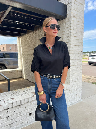 Adrienne | Stand Collar Drop Shoulder Top Black