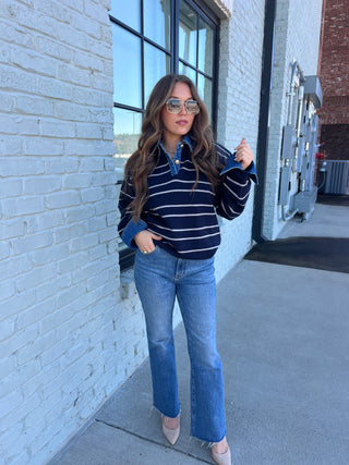 Olivaceous | Sofia Stripe Denim Top Navy Lt Grey