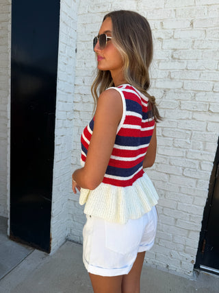 ENTRO Ralphy Stripe Knit, striped sleeveless sweater with fringe