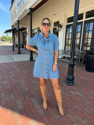 Entro | Brynn Bow Neck Tie Mini Dress Lt. Denim