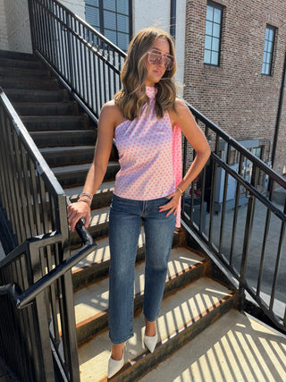 Desiree One Shoulder Polka Dot Top with Scarf Pink