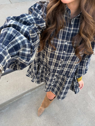Olivaceous Luci Plaid Babydoll Mini Navy