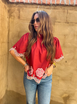 Entro | Elvyn Floral Embroidered Flutter Top Brick