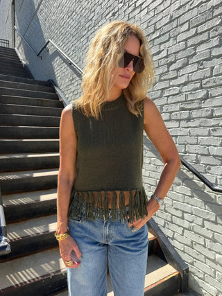 NEEDII Lina Fringe Vest Top Olive