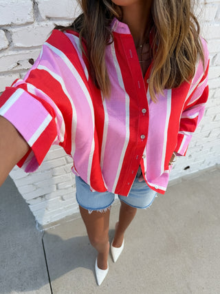 Sunset Stripe Button Down Pink and Red