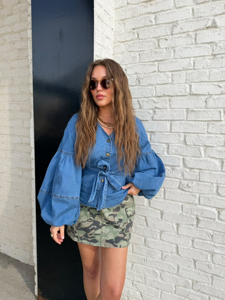 Indigo Tie Neck Denim Blouse