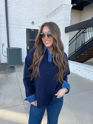 OLIVACEOUS| The Yoakam Contrast Sweater Navy