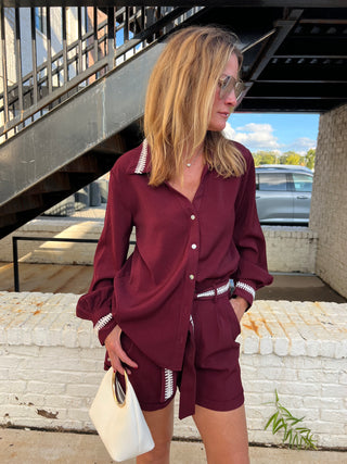 Glam | Ira V-Neck Button Shirt Burgundy