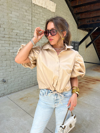 HEYSON | Lorey Drawstring Puff Sleeve Blouse Latte