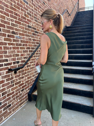 Dress Forum | Brisel Satin Off Shoulder Dress Green Tea