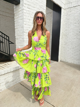ENTRO | Lime Blooms Tiered Midi Dress