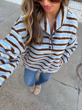 Aubrey Fleece Pullover Light Blue Brown Stripe