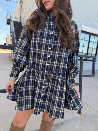 Olivaceous Luci Plaid Babydoll Mini Navy