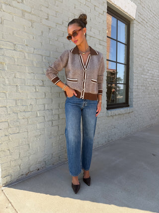 Reina Herringbone Cardigan Brown