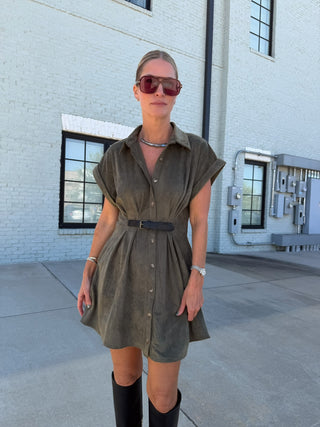 Kendall Belted Suede Button Down Dress Olive