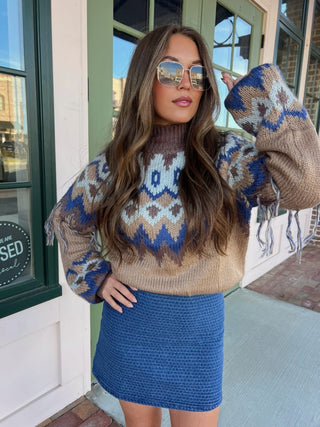 &Merci | Zara Fair Isle Fringe Sweater Taupe Navy