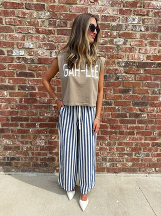 Olivaceous | Cally Drawstring Wide-Leg Pants Navy Stripe