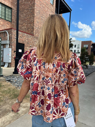 Olivaceous | Bria Floral Balloon Shirt Cream Rust