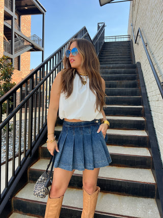 HEYSON | Stevie Pleated Denim Mini Skirt Medium Blue
